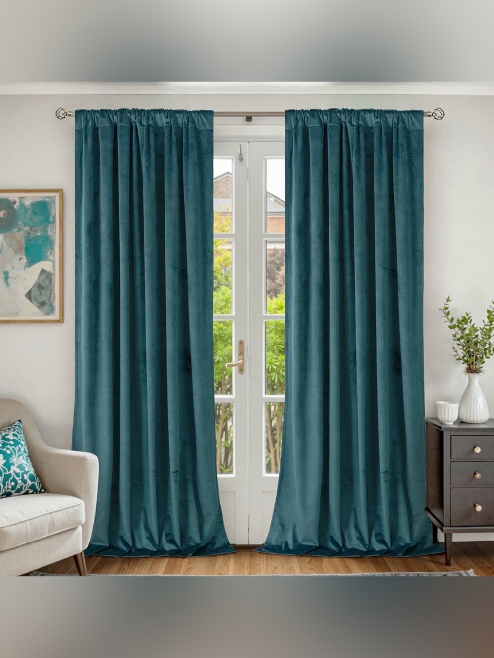 Teal Velvet Curtains. 52” x 96” includes 2 rod panels.
NEW